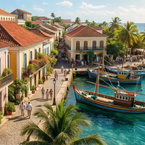 A picturesque colonial-style village situated by the sea, capturing the essence of