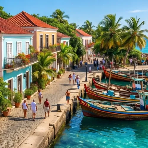 HDR photo of A picturesque colonial-style village situated by the sea, capturing