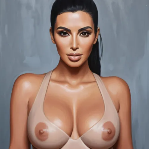Kim Kardashian painted in the style of Georgia O’Keeffe, upper body shot
