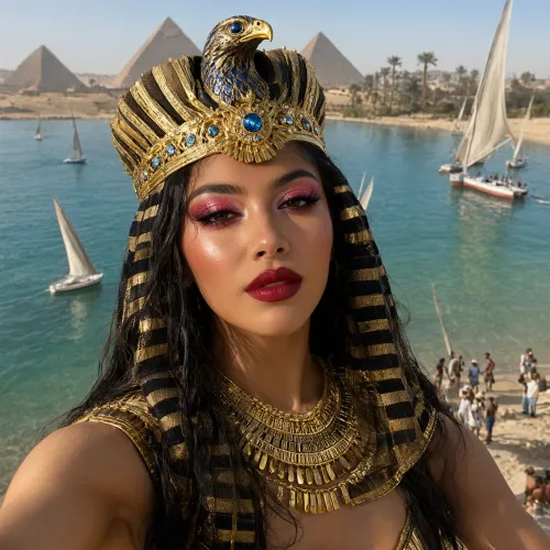 A high-angle selfie shot of a woman dressed in elaborate ancient Egyptian