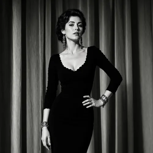 The image features a woman standing against a backdrop of draped curtains