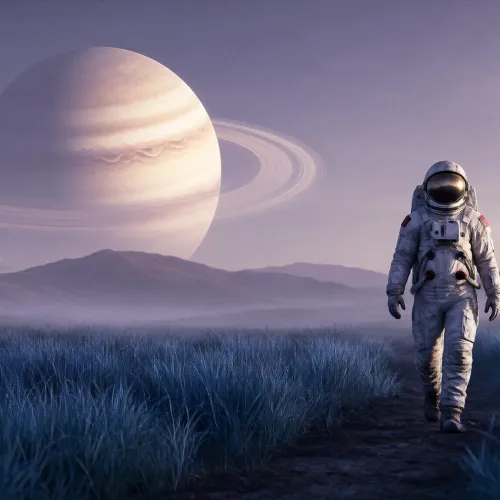 Create a cinematic scene of a lone astronaut walking through tall grass