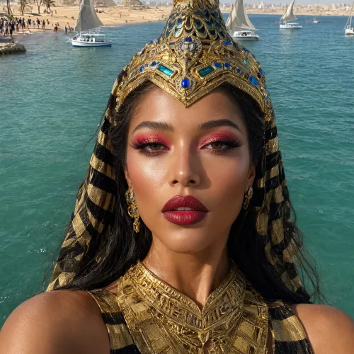 A high-angle selfie shot of a woman dressed in elaborate ancient Egyptian