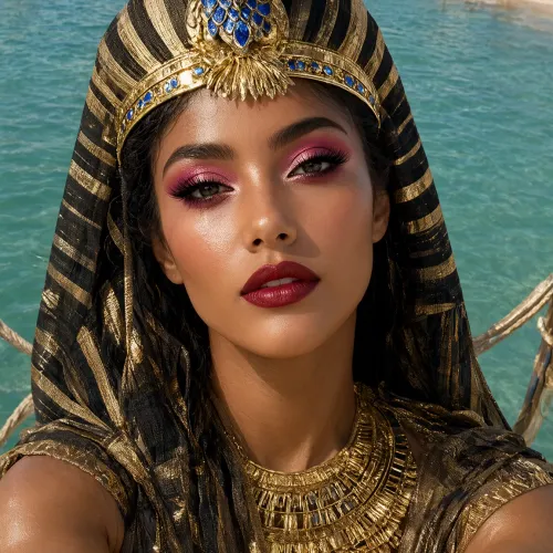 A high-angle selfie shot of a woman dressed in elaborate ancient Egyptian