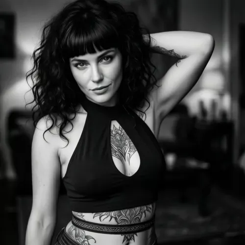 A high-detail black and white photographic portrait of a woman with voluminous