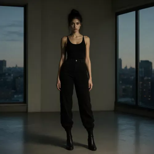 Cinematic full-body shot of a fictional adult model in a minimalist modern