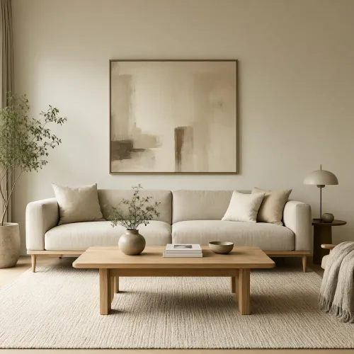 Create a photorealistic interior design image of a modern Japandi living room