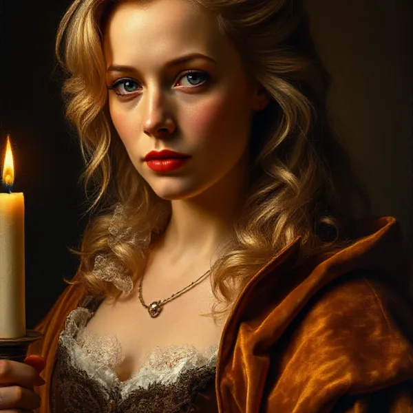 Rembrandt-Inspired Portrait: Contemplative Pamela Anderson in Dutch Baroque Attire
