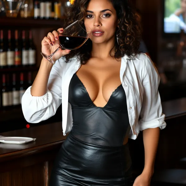 Curly-Haired Slim Woman in Leather Dress, Drinking Red Wine