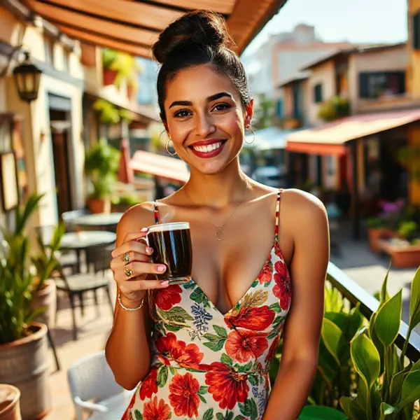 Vibrant South American Charisma: Sunlit Latina on Terrace