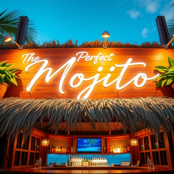 Tropical Beach Bar Scene: 'The Perfect Mojito' with Neon Signage
