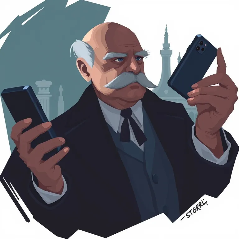 2D Game Art - Churchill Observes iPhone

Or alternatively:
Pixel Art - Churchill with iPhone

These titles are concise and convey the subject matter accurately while maintaining a professional tone.