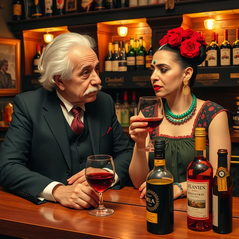 Einstein and Kahlo in Bar: Red Wine Absent