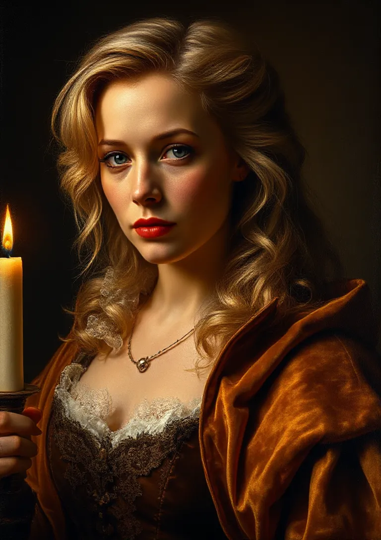 Rembrandt-Inspired Portrait: Contemplative Pamela Anderson in Dutch Baroque Attire