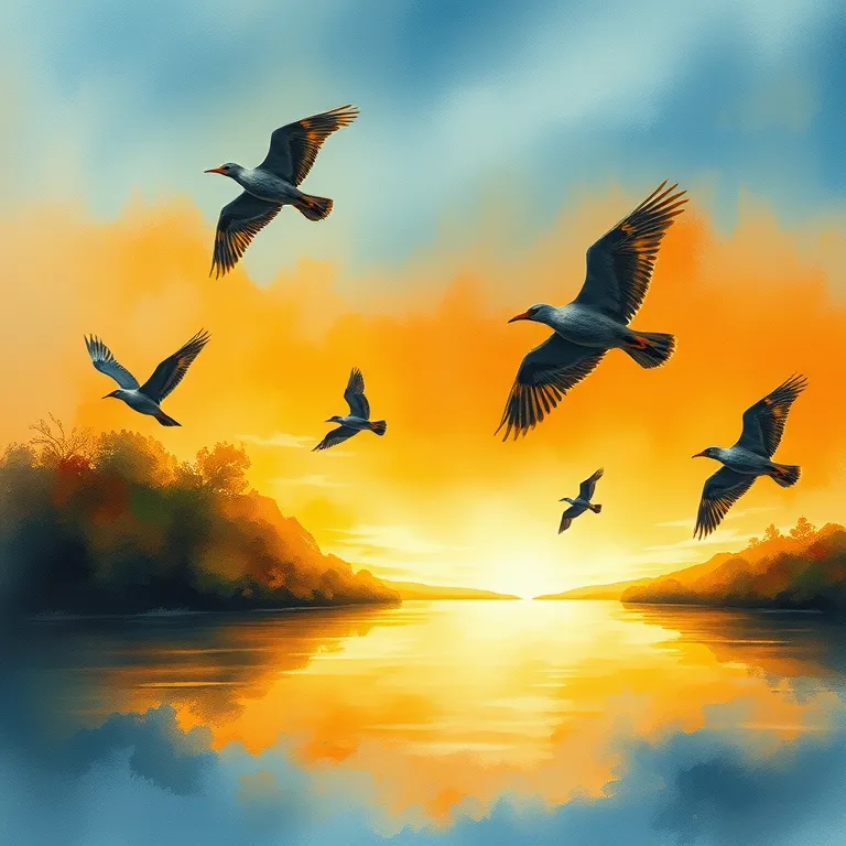 Realistic Sunset Riverbirds Watercolor
