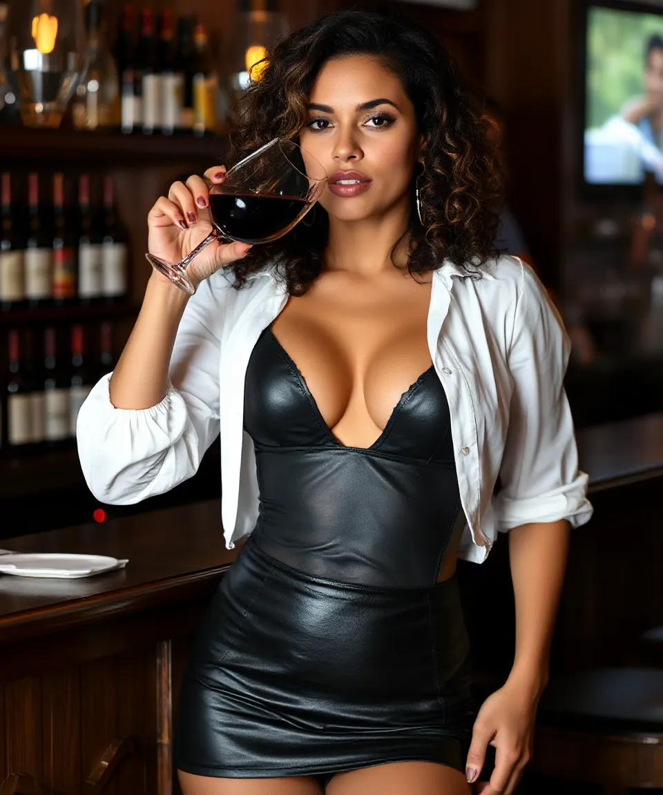 Curly-Haired Slim Woman in Leather Dress, Drinking Red Wine
