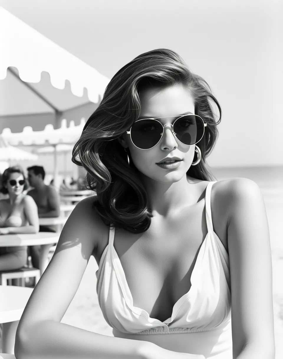 1960s Beach Bar Scene - Monochrome Impression of Sofia Loren