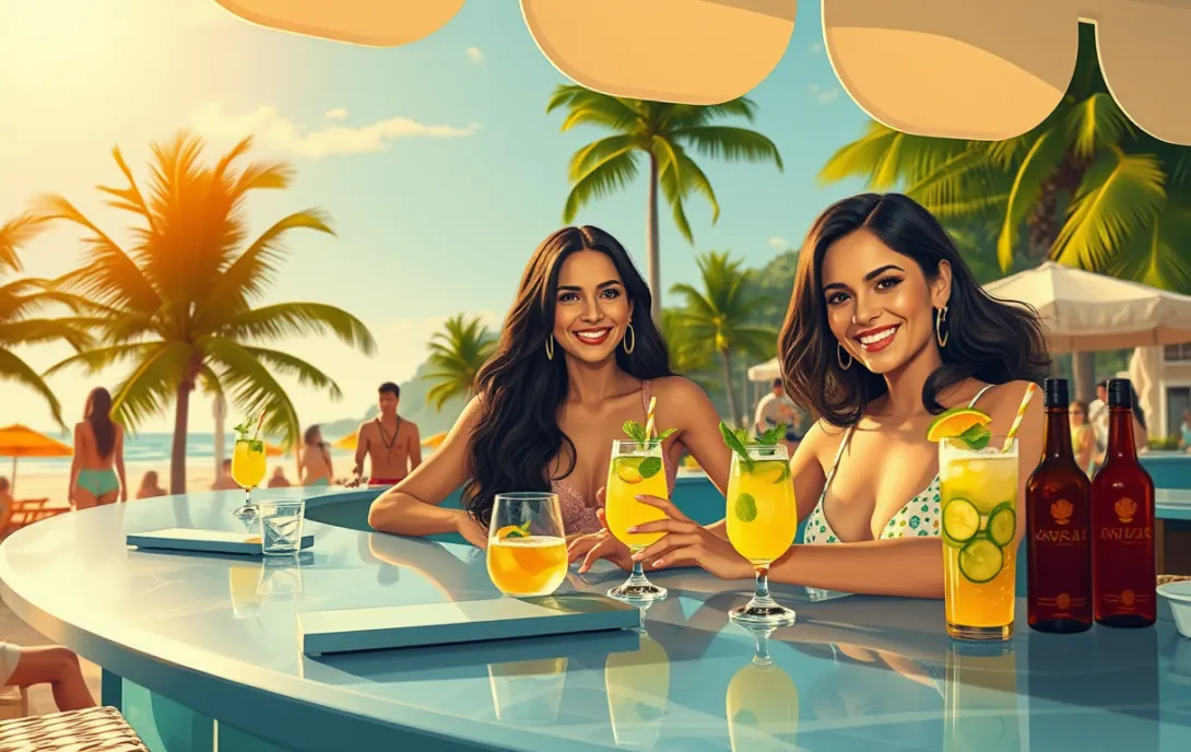 Vibrant Beach Bar Mojito Scene with Salma Hayek