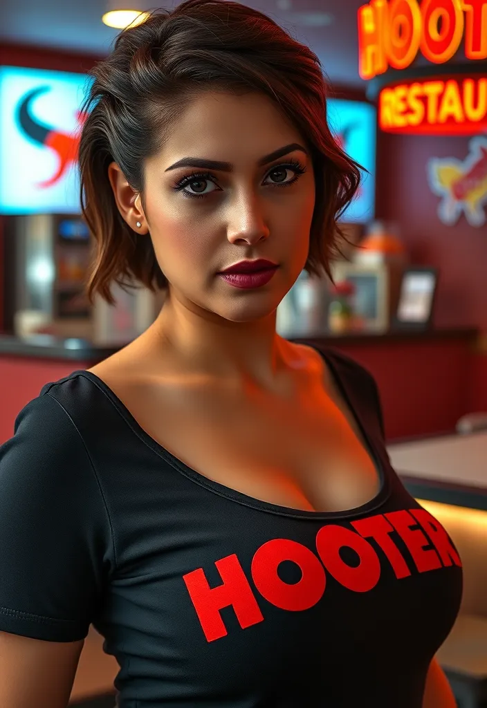 Highly Detailed Studio Portrait of 25-year-old Latina Woman in Hooters T-Shirt