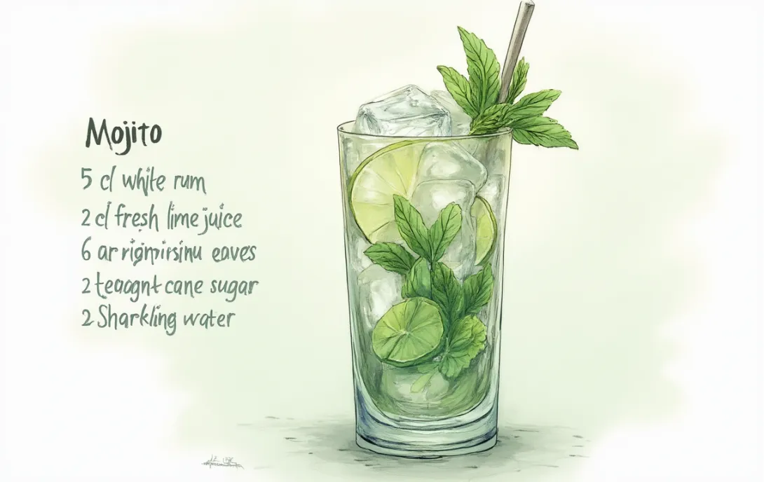 Title: "Elegant Mojito Illustration: Translucent Greens and Light Reflections