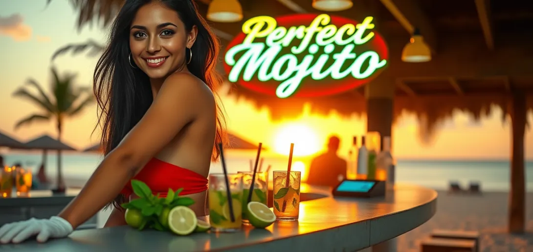 Titled: "Perfect Mojito Beach Bar Sunset - Golden Hour Masterpiece