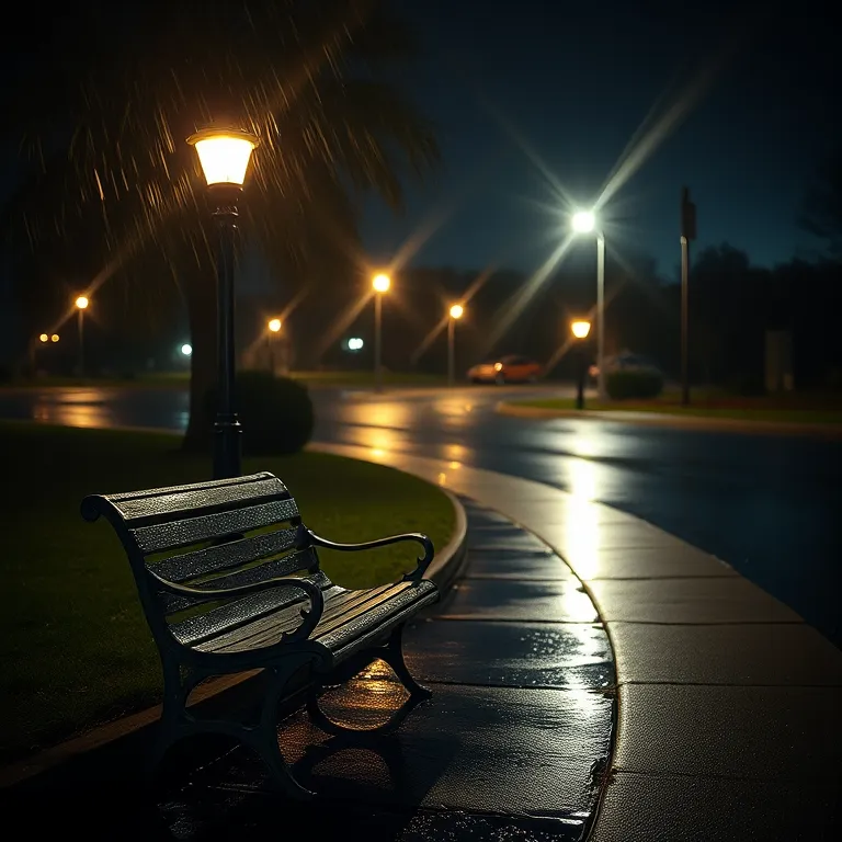 Rainy Night Streetlight Park Bench