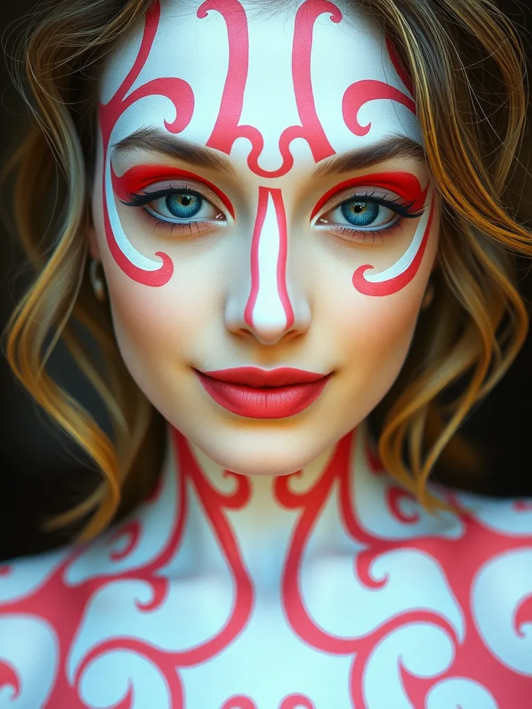 Fractaled Erotic Dream: Detailed Female Figure in Pink-White Body Paint