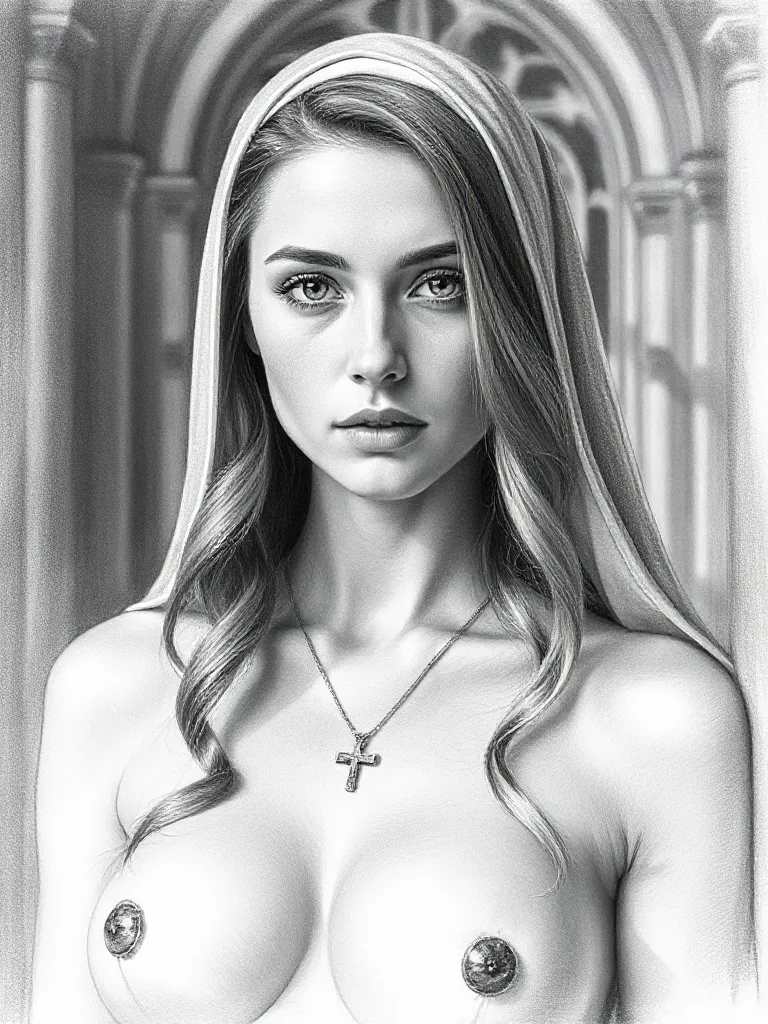 Provocative Nun Figure Study in Cinematic Greyscale Detail