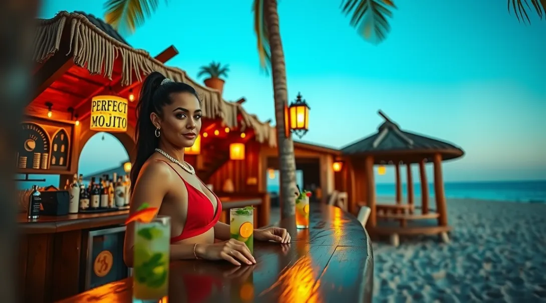 High-Definition Outdoor Scene: Perfect Mojito Beach Bar with Vibrant Server in Red Bikini
