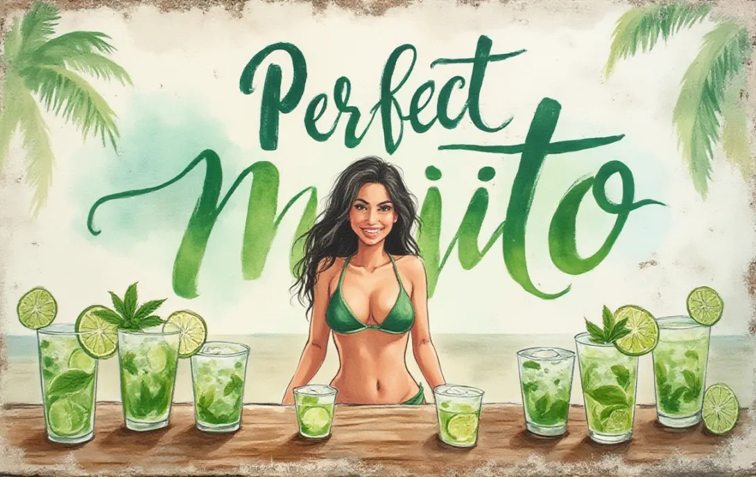 Weathered Watercolor Mural: Perfect Mojito Beach Bar Scene