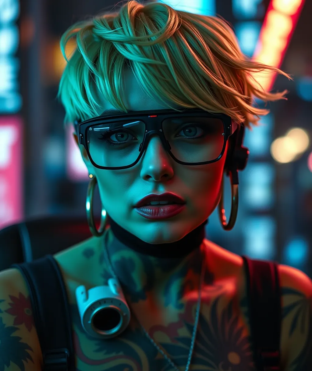 Cyberpunk Woman in Neon Green: Photorealistic Vector Poster