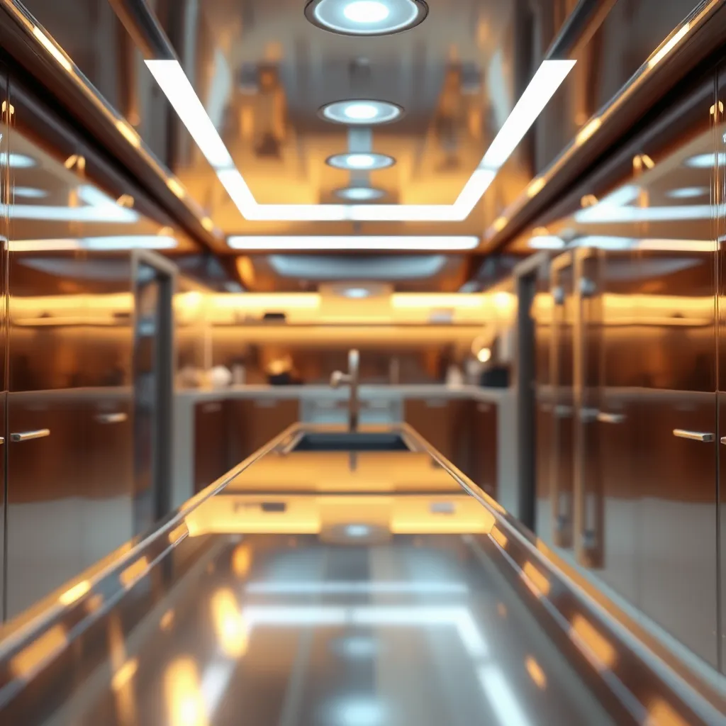 Futuristic Metallic Kitchen Bokeh Reflections

Or alternatively, if a shorter version is desired:
Futuristic Metallic Bokeh Kitchen