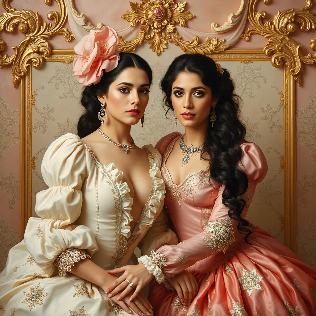 Baroque-Inspired Duo: Monica Bellucci & Salma Hayek in Pastel Hues and Gold

This title captures the essence of the art style inspired by Rococo, while also referencing the subjects and color palette used in the artwork.