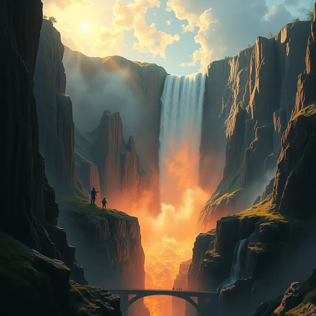 Colossal Waterfall Over Glowing Canyon

This title aims to be concise yet descriptive of the artwork, emphasizing its grandeur and unique lighting effect.