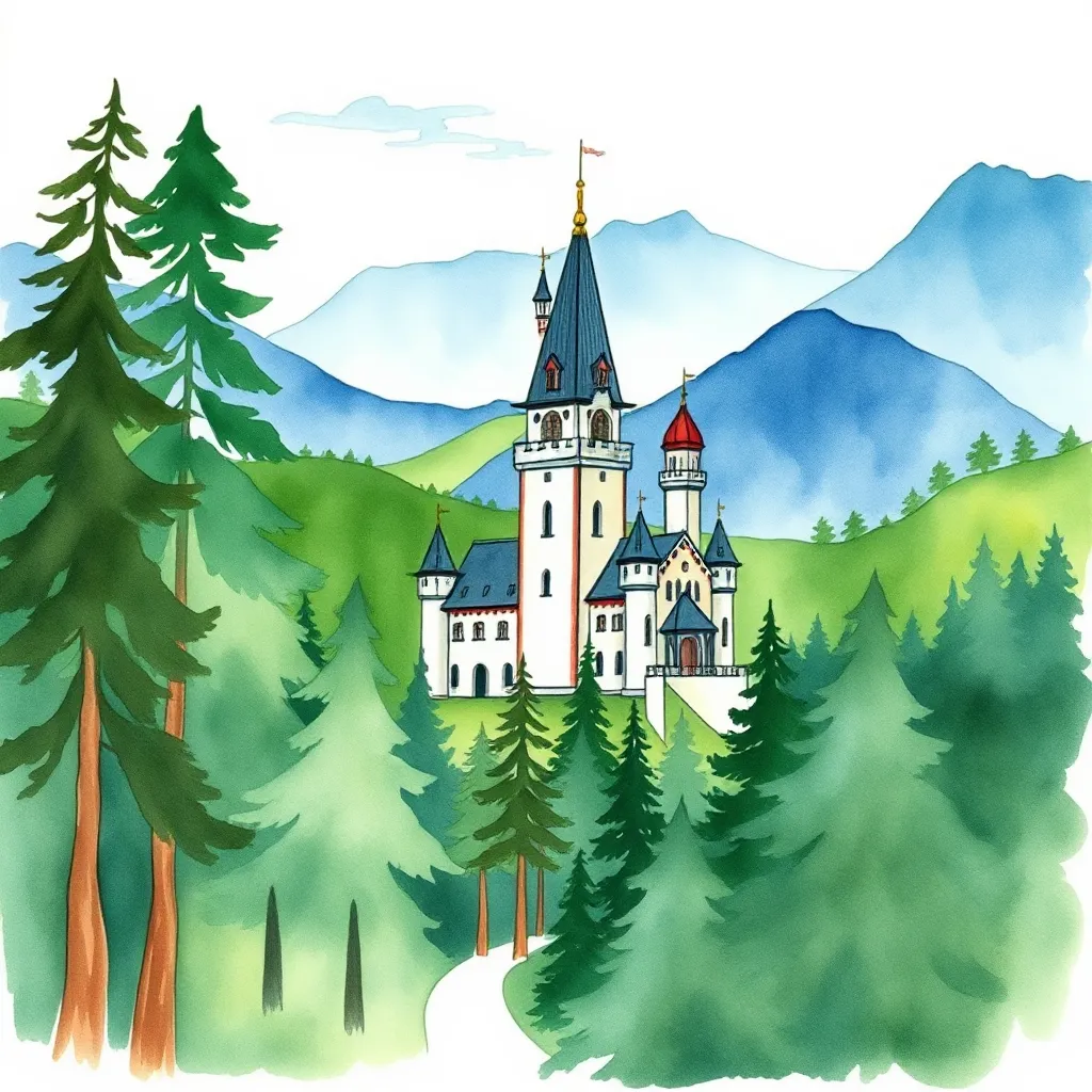 Minimal Watercolor Medieval Castle in Forest