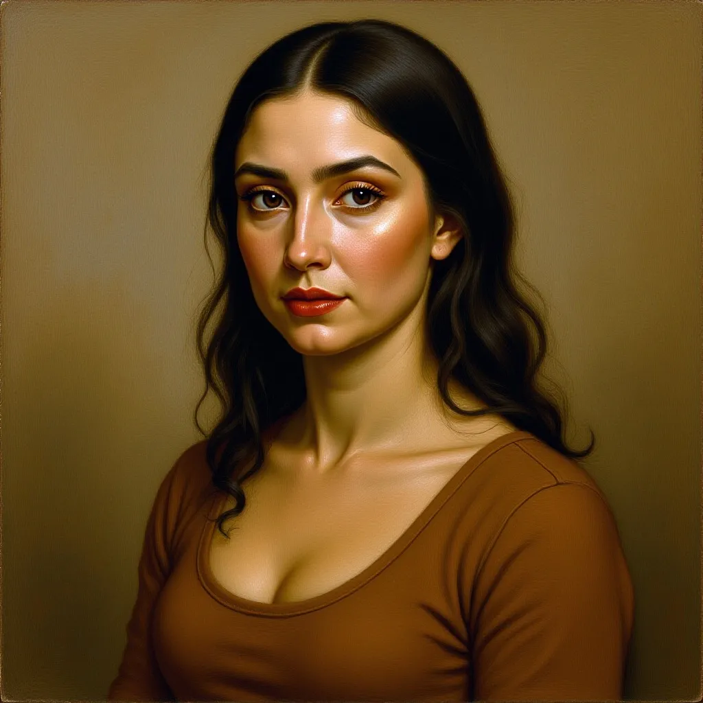 The image is a digital art piece portraying a woman with long dark hair wearing a brown top. She has a neutral expression and is looking slightly to the left of the viewer. Her skin tone is light, her makeup includes darkened eye shadows and lip color, an