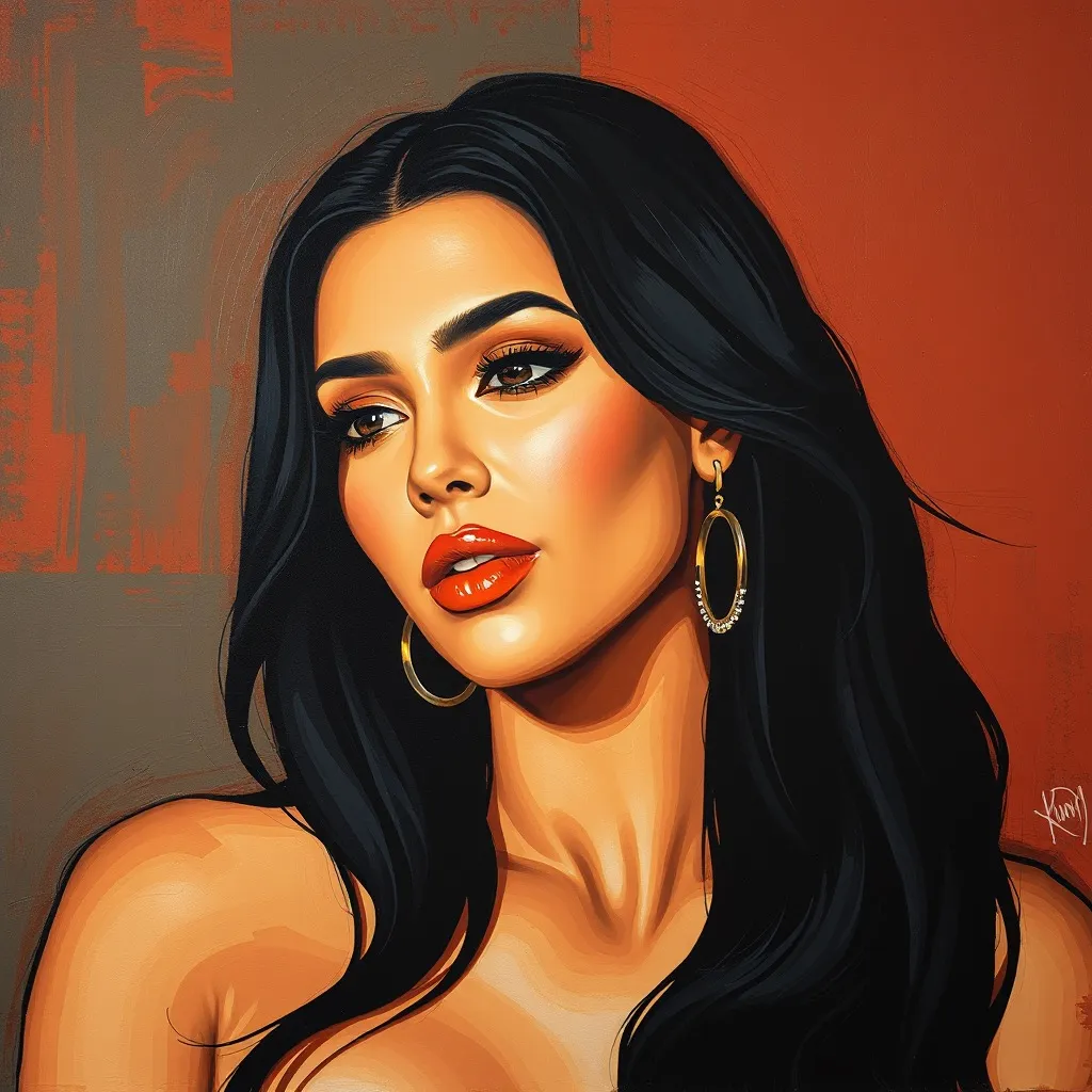 The image is an AI-generated portrait of a woman with striking features and dark hair that cascades down her shoulders. She has a fair complexion and prominent cheekbones. Her makeup includes defined eyelashes, eyeshadow, and contoured cheeks, which accen