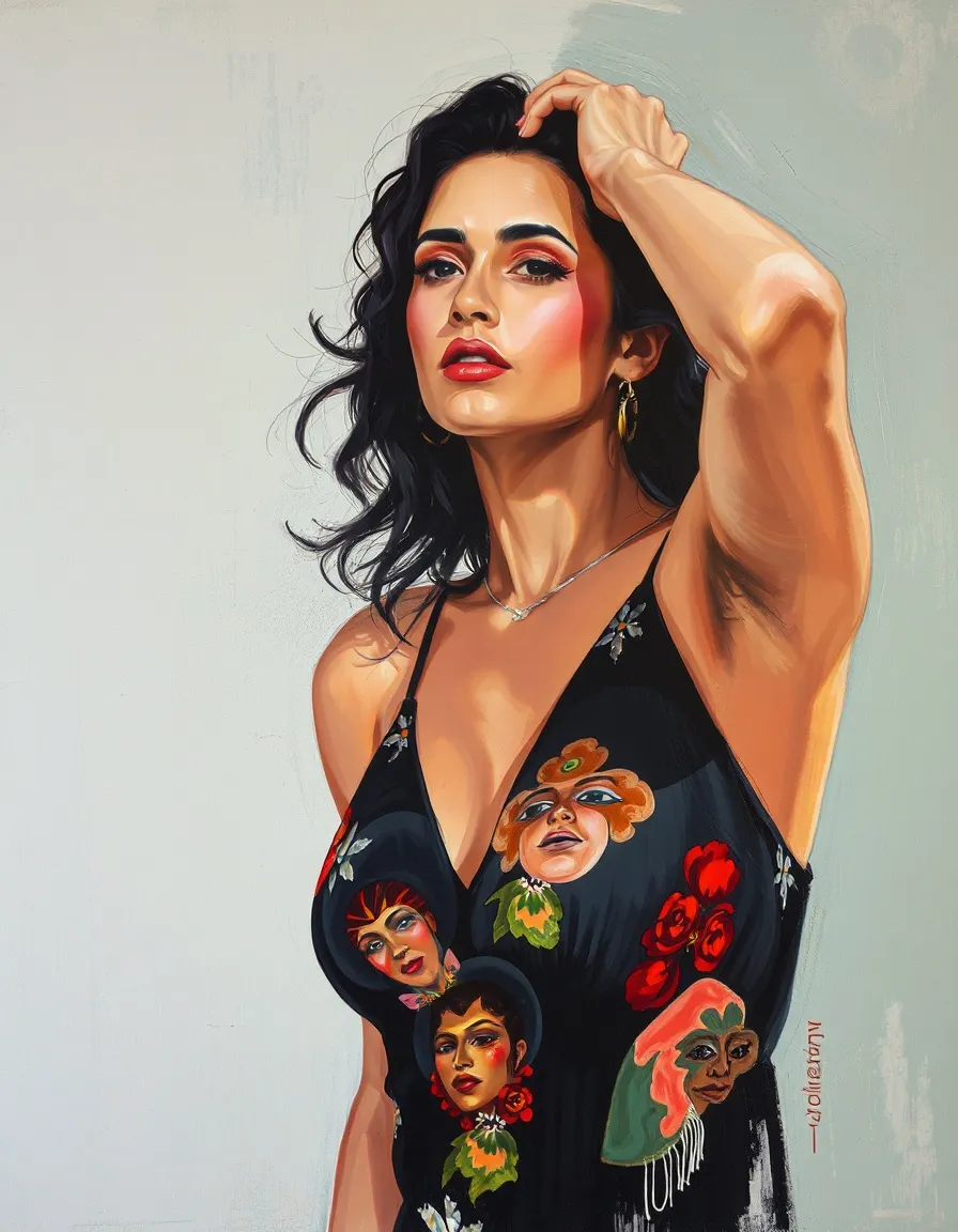 The image is an AI-generated digital artwork portraying a woman in a floral jumpsuit with a prominent floral pattern across her chest and back. Her pose is dynamic, with one hand on her hip and the other touching her head, giving off a confident and relax