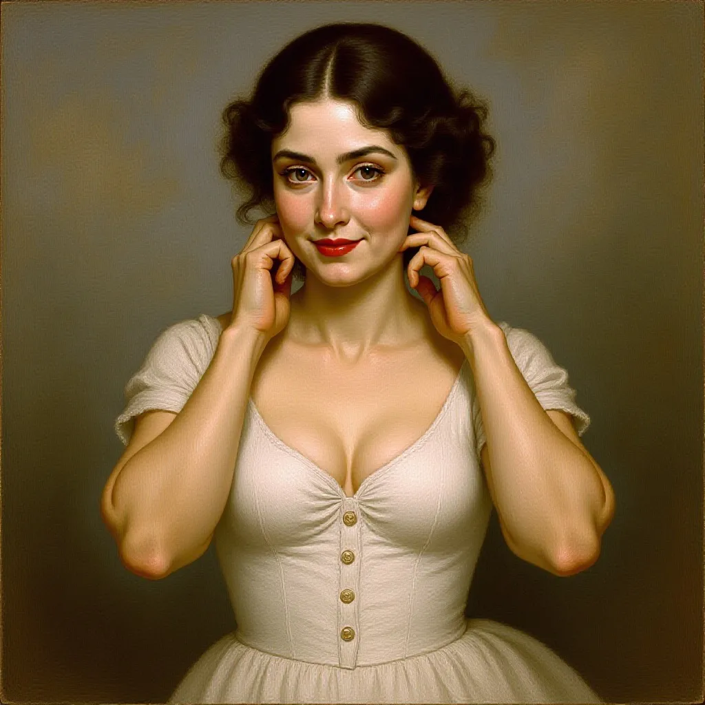 The image portrays a woman in a white dress with her hand on her chin, exuding an air of contemplation or elegance. She has dark hair, fair skin, and is wearing makeup that accentuates her eyes and lips. The art style appears to be realistic, with attenti