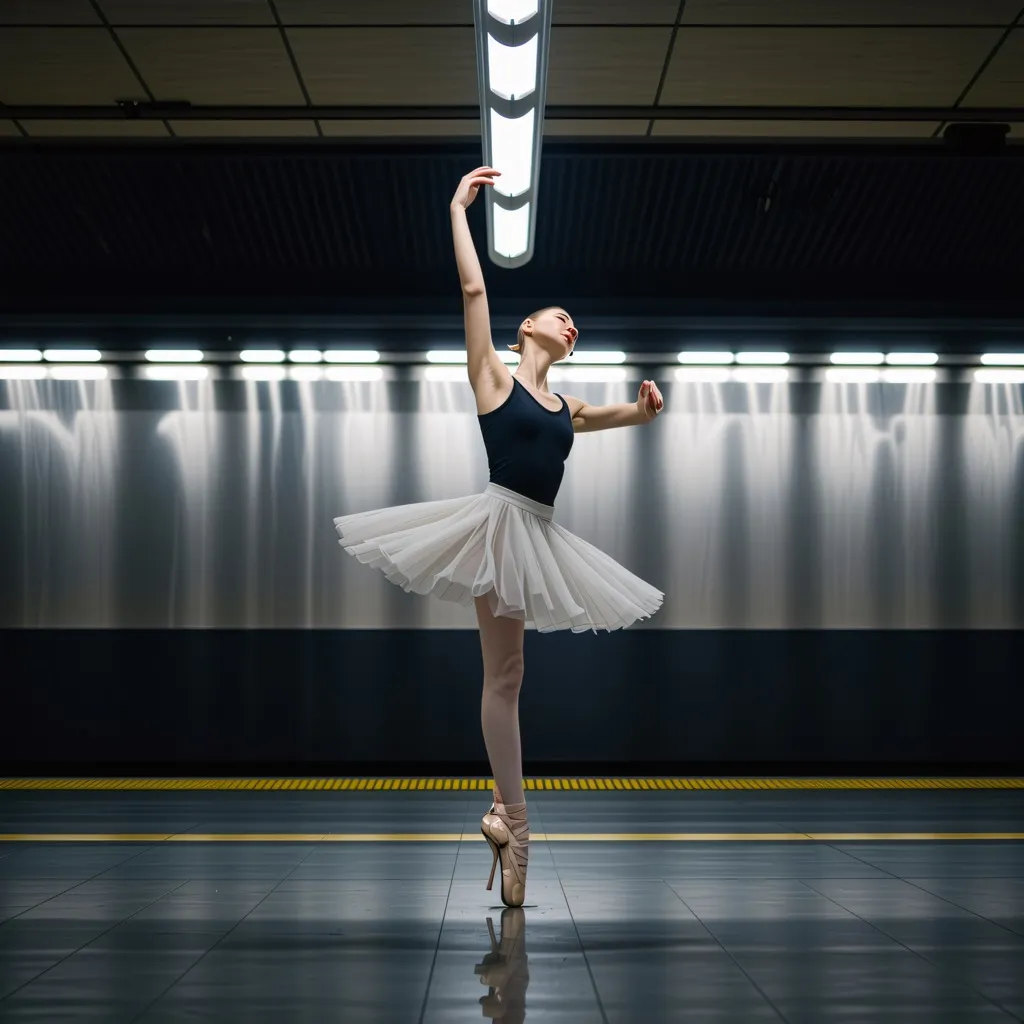 The image captures a dynamic scene inside a subway station where a ballerina is frozen in a mid-motion pose. The ballerina, dressed in a black leotard and ballet shoes, stands out against the urban backdrop. She's caught mid-pointe with her left leg exten