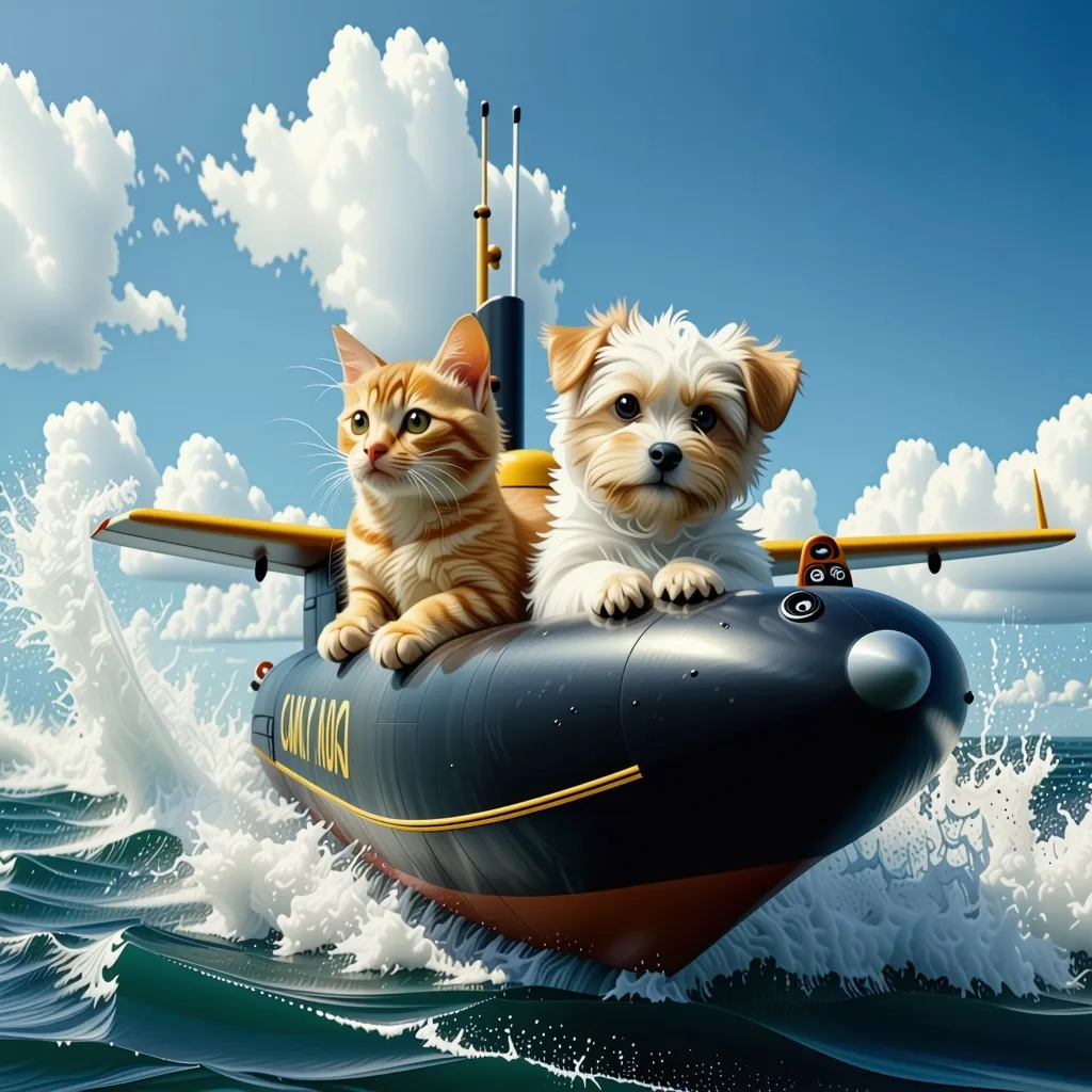 In the center of the image, there is a stylized illustration of an airplane with two cats sitting on its nose, one cat looking to the left and the other to the right. The plane appears to be in flight, as indicated by the presence of clouds and a few whit