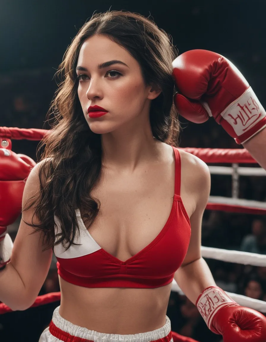 The image is an artistic representation featuring a female boxer in the foreground who appears to be a professional athlete. She's wearing a classic red and white striped boxing outfit with the word "Everlast" visible on her shorts. Her hair is styled, an