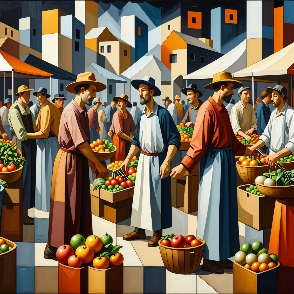 The image depicts a lively scene at an outdoor market bustling with activity. A diverse group of people are engaged in various activities, with some shopping for fresh fruits and vegetables while others seem to be selling produce. The market is set on a s