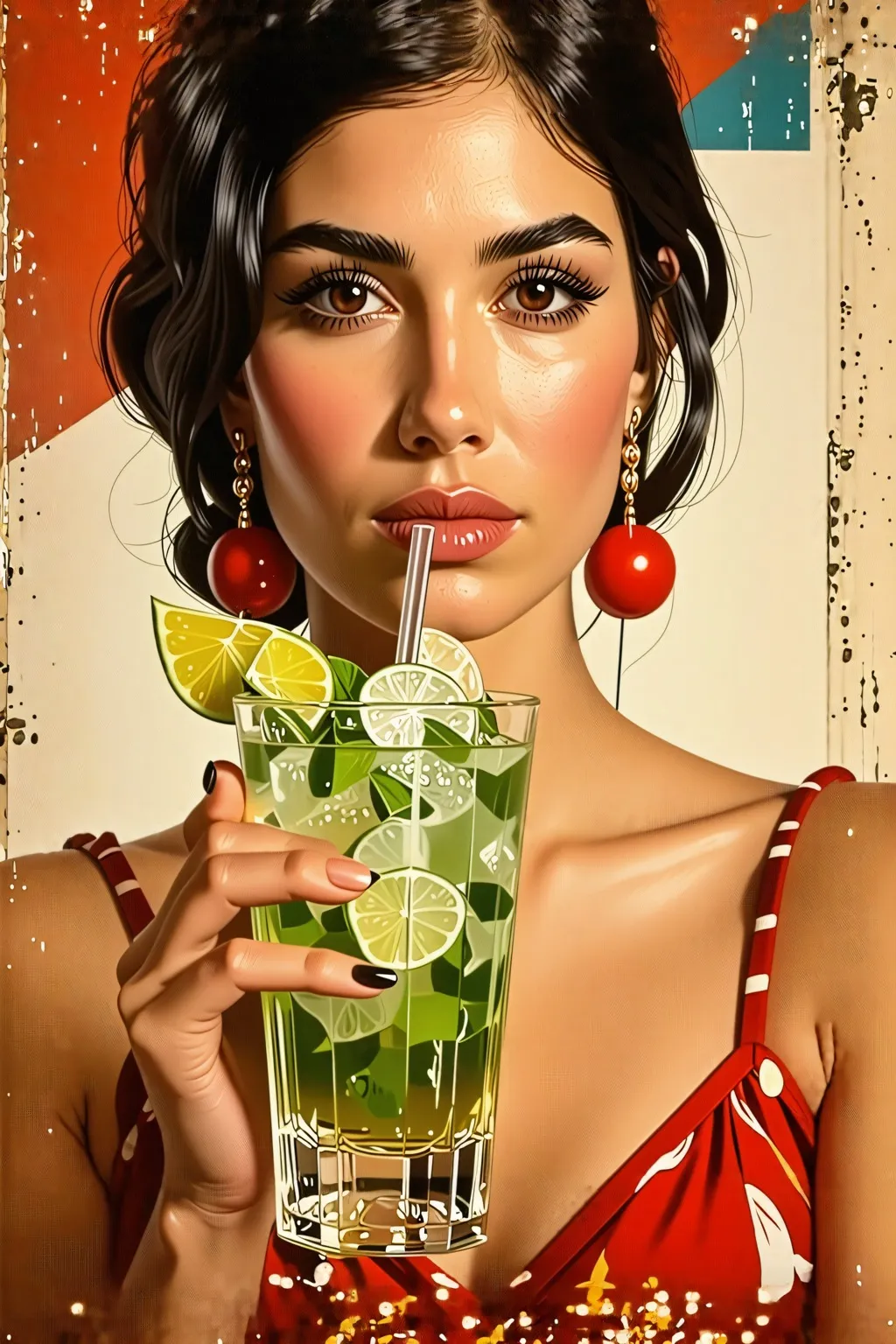 digital art, Old soviet propaganda poster depicting Salma Hayek drinking a mojito