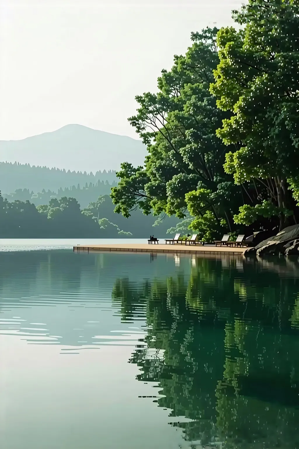 In the background, the calm water gently reflects the surrounding greenery, and