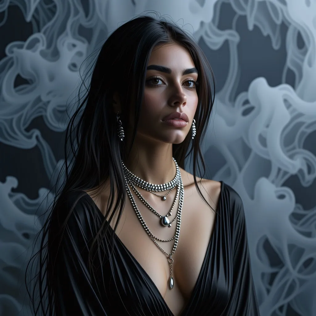 A moody, hyperrealistic portrait of a Persian woman with long, dark hair