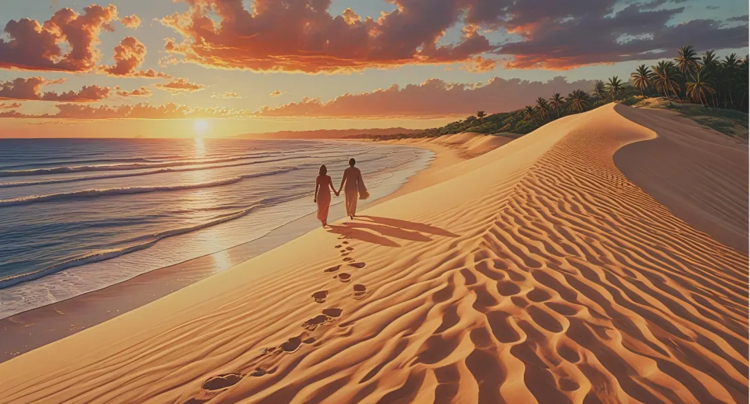 Serene beach, Couple walking hand in hand, Tropical island, Twilight, Rolling dunes