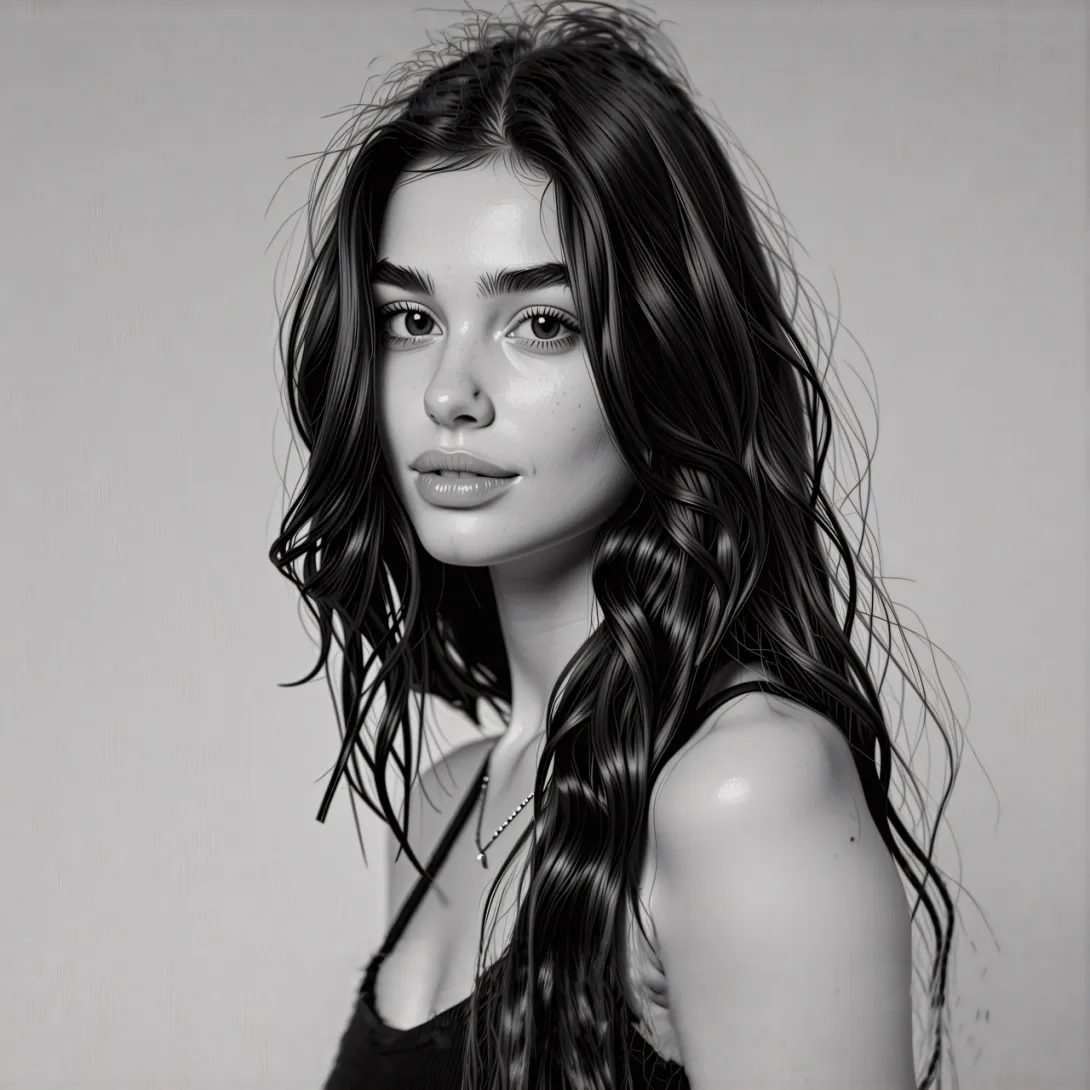 A young woman with long, wavy brown hair and a toned physique