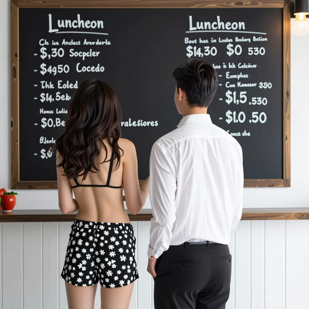 The image depicts a woman standing in front of a chalkboard menu