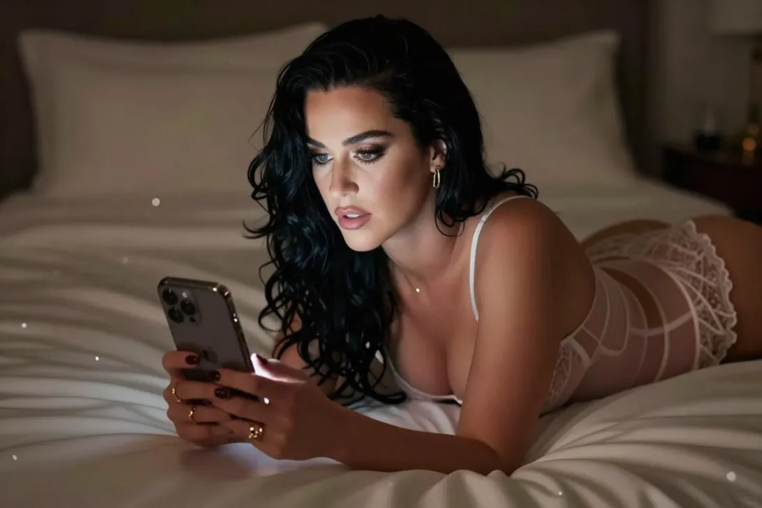 Sultry boudoir photography Katy Perry looking at iPhone.. Silks, elegant lingerie, seductive